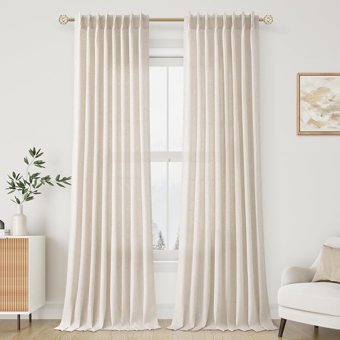 Aersas Natural Pinch Pleat Linen Curtains 105 Inch Length 2 Panels Set for Bedroom Dining Room Semi Sheer Linen Boho Farmhouse Neutral Window Curtains 105 Inches Long for Living Room Nursery 50x105