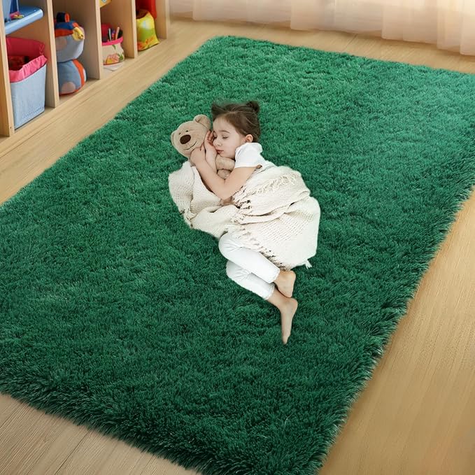 qulint Dark Green Area Rug for Bedroom 4x6, Fluffy Shag Rug for Living Room | Fuzzy Plush Small Nursery Rug, Modern Shaggy Forest Carpet for Boys and Girls Dorm Classroom Christmas Home Decor