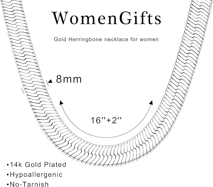 WomenGifts 14K Gold Silver Plated Herringbone Necklace for Women, Dainty Snake Chain Choker, Trendy Simple Long Layered Jewelry Non Tarnish, 3/4/5/8mm,14,16,18,20,22,24,26 Inch Thin & Chunky Options