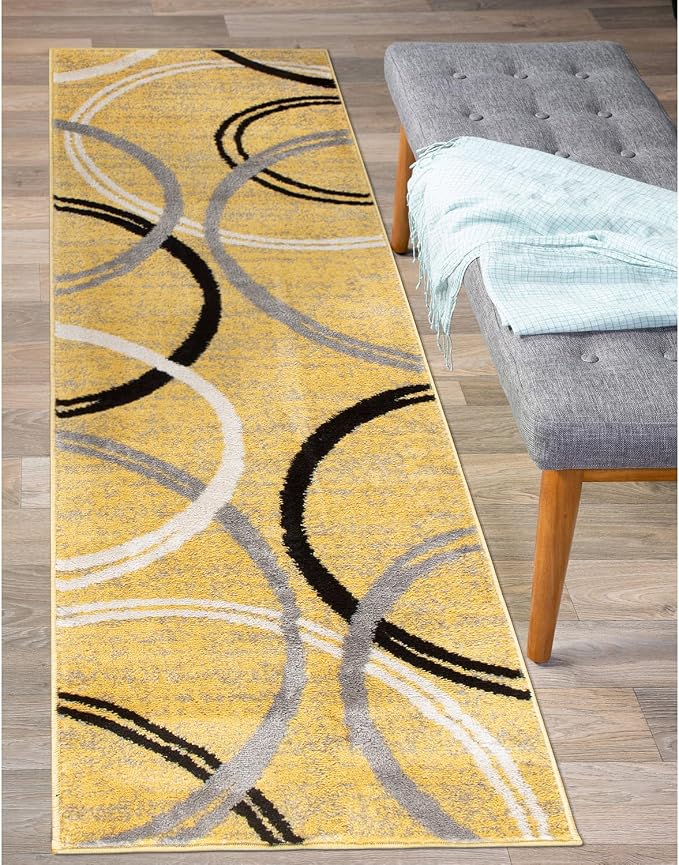 Rugshop Wavy Circles Non-Shedding Living Room Runner Rug Yellow 2' x 10'