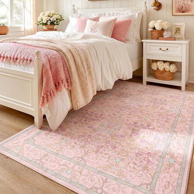 Boho Light Pink Bedside 3x5 Washable Rug for Bedroom, Thin Botanical Vintage Area Rug for Large Entry, Dorm, Kitchen, Foyer, Mudroom, Laundry - Cottage Core Low Pile Non Slip Indoor Front Door Carpet