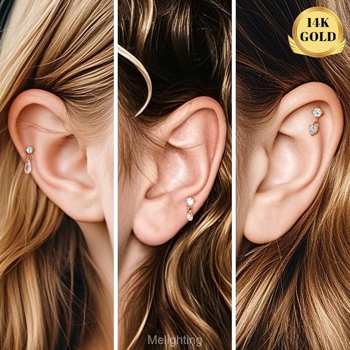 MeIighting 14K Solid Gold Helix Earring Clear CZ, Dangle Internal Thread Flat Back Earring, Teardrop Heart Round Cartilage Tragus Conch Piercing Jewelry for Women 6/8 mm
