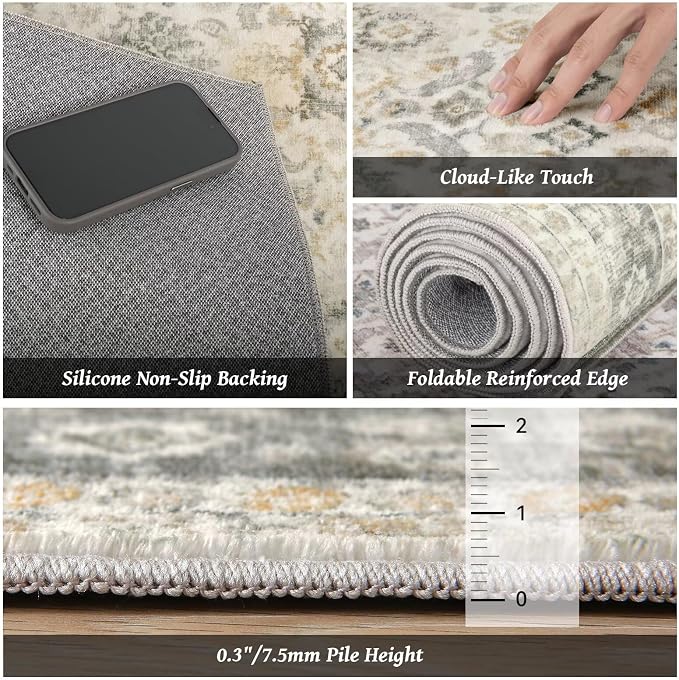 Boho Washable 5x7 Area Rugs for Living Room, Cushioned, Beige/Grey | Vintage Non-slip Rugs for Bedroom Dining Room Nursery Office, 0.3" Neutral Oriental Throw Thin Carpet, Beige/Grey/Golden
