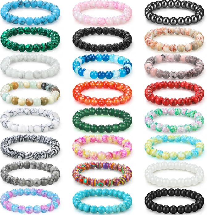 Landical 24 Pcs Gemstones Beaded Bracelets Bulk for Women Men 8mm Stretch Round Semi Precious Stone Bracelets Set
