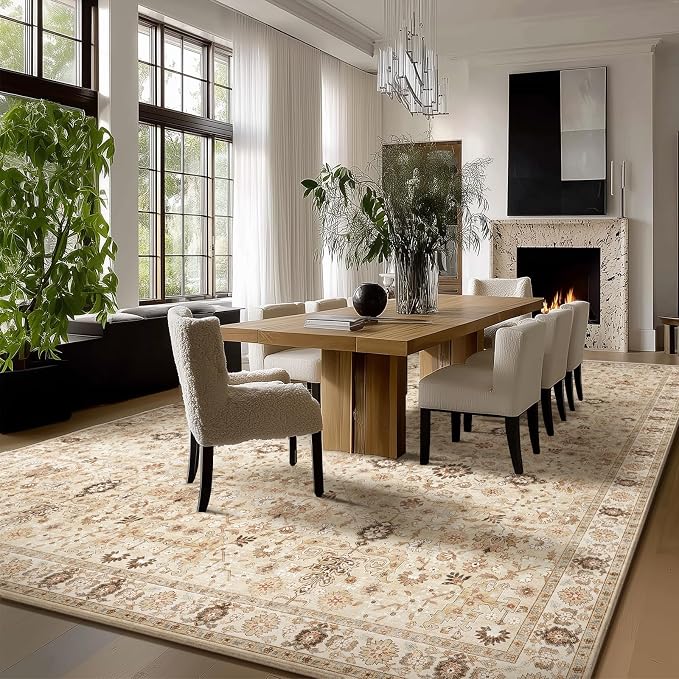 Washable Rugs for Living Room: 9x12 Area Rugs for Bedroom Ultra Soft Non-Slip Stain Resistant Vintage Boho Large Carpet for High-Traffic Dining Room - Farmhouse Decor