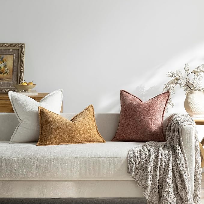 DEZENE Pack of 2 Dusty Pink Decorative Throw Pillow Covers 24x24 Cozy Soft Chenille Accent Vintage Square Couch Pillow Covers for Home Decor Bed Sofa Living Room