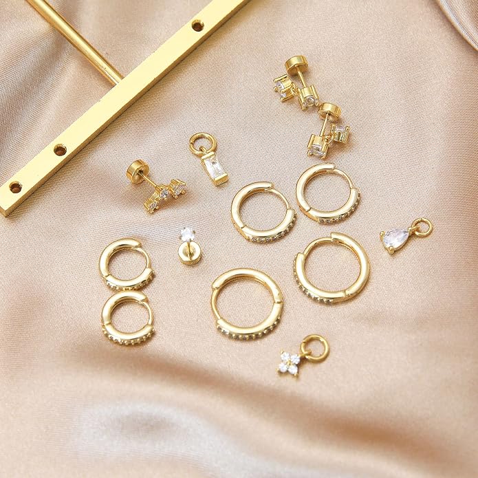 Stainless Steel Stud Earrings Set for Women Hypoallergenic Flat Back Cartilage Earrings Screw Back Huggie Hoop Earrings Multiple Piercing Cubic Zirconia Helix Tragus Jewelry
