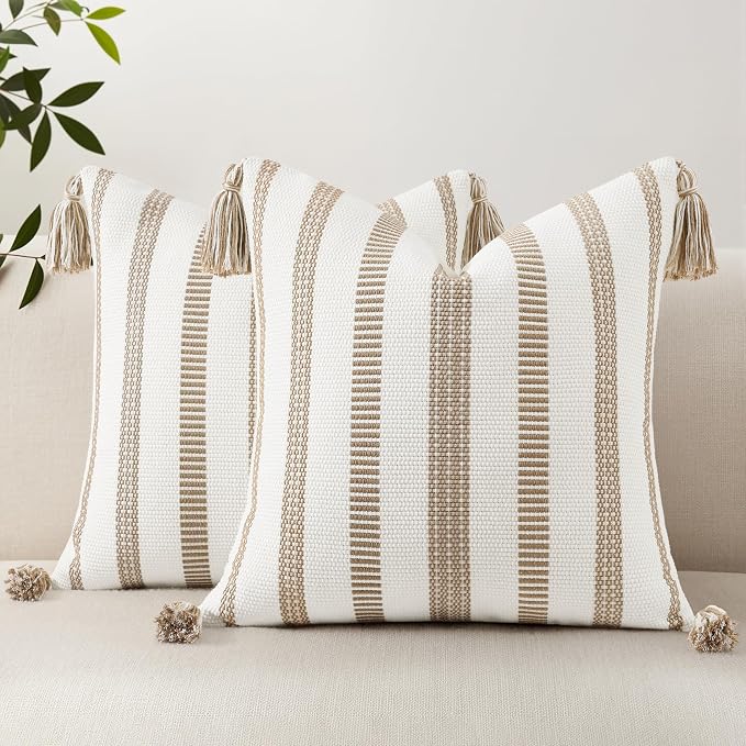 Smile Bee Boho Outdoor Couch Throw Pillow Covers Set of 2 Decorative Thick Woven Striped Accent Neutral Pillow Covers with Tassels for Bed Sofa Home Decor 20x20 Inch, Khaki and Cream White | Woven Cozy Boho Decorative Modern Farmhouse Accent Pillow Cas...