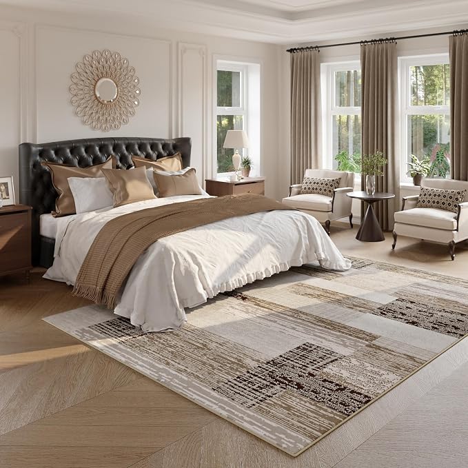 FlyDOIT Modern Geometric Patchwork Area Rug, 5x8 Beige Large Rugs for Living Room, Rockwood Collection Indoor Rugs for Bedroom, Throw Carpet Floor Decor for Entryway Dining Room Office Nursery
