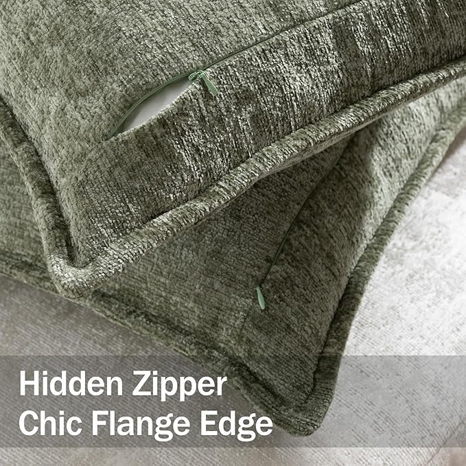 DEZENE Pack of 2 Sage Green Christmas Euro Shams Pillow Covers 26x26 Cozy Soft Chenille Decorative Throw Pillow Covers Accent Vintage Square Couch Pillow Covers for Home Decor Bed Sofa Living Room