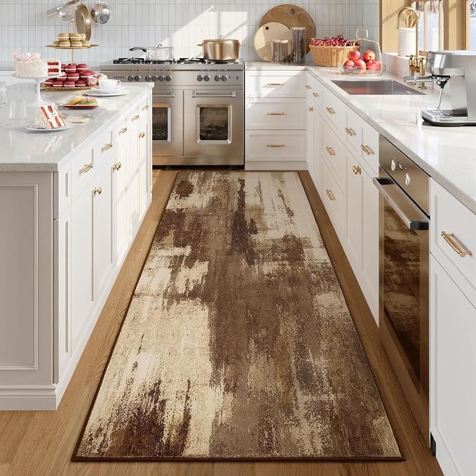 Washable Runner Rug, 2'6''x8' Kitchen Rugs Brown Long Runner Rugs with Rubber Backing, Abstract Non-Slip Carpet Runners for Hallways, Kitchen, Bedroom, Laundry, Entrance
