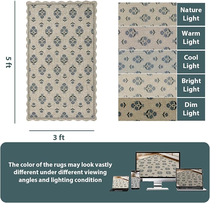 ORTIGIA Scalloped Easy Jute 3x5 Area Rug Vintage Blue Block Floral Farmhouse Washable Rug Non-Slip Indoor Outdoor Carpet for Living Room Bedroom Kitchen Patio Entryway