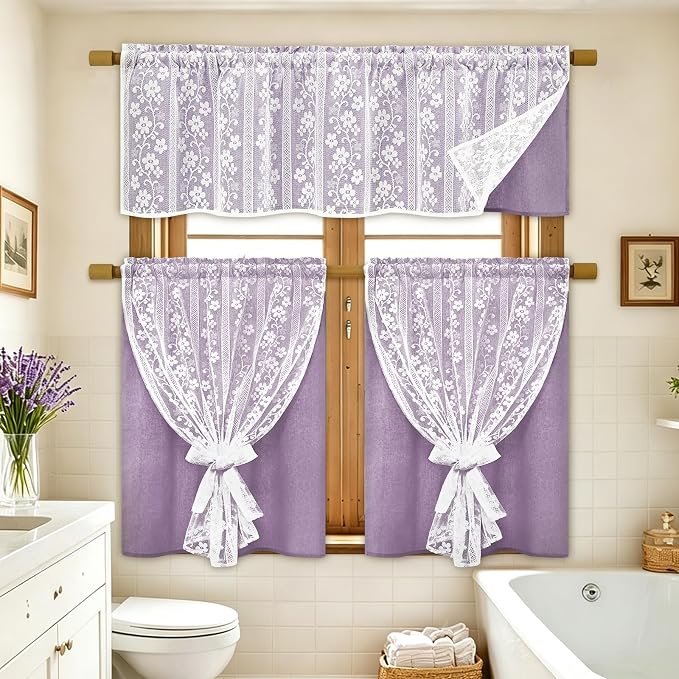 ASPMIZ Linen Valances for Windows Double Layer Valance Curtains with Lace Overlay, Purple Kitchen Curtains Light Filtering, Rod Pocket Window Valances for Living Room, Kitchen, Cafe, Bathroom, 52x18