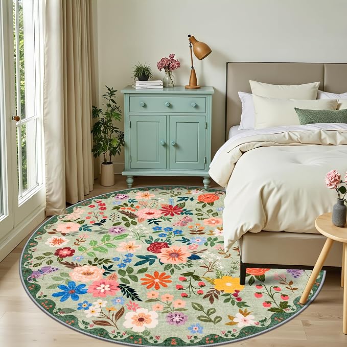 Round Area Rug for Living Room: 8 ft Floral Washable Circle Rug Soft Boho Non-Slip Carpet Indoor Floor Stain Resistant Low Pile Small Circular Rug for Bedroom Entryway Kitchen Nursery Green
