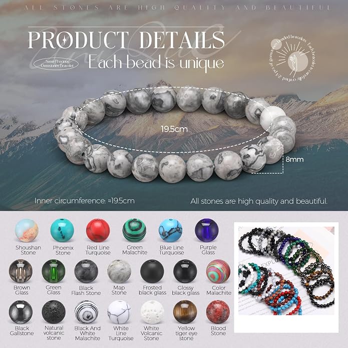 Landical 24 Pcs Gemstones Beaded Bracelets Bulk for Women Men 8mm Stretch Round Semi Precious Stone Bracelets Set