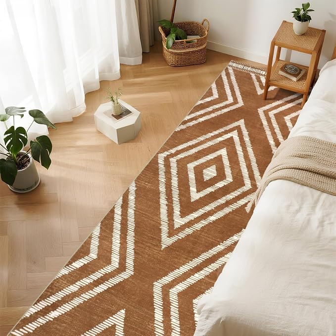Boho Runner Rugs for Hallway 2.6x8Ft Non Slip, Brown Washable Kitchen Rug with Rubber Backing, Soft Moroccan Farmhouse Entryway Runner, Low Pile Geometric Floor Carpet for Bedroom Home Decor