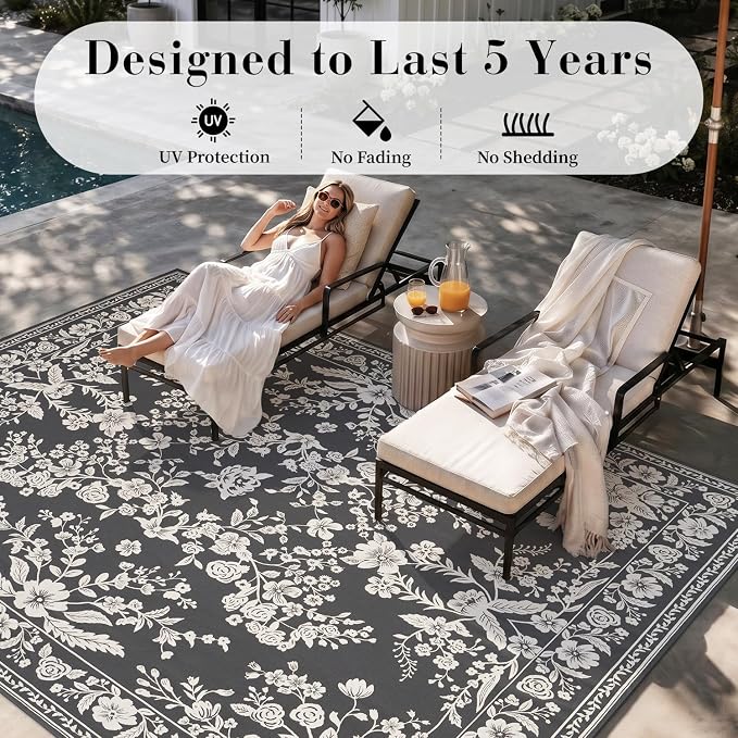 AMOAMI-Outdoor Rug-Patio Rug 8x10 ft Quick Dry Machine Washable Flatweave Textured Outdoor Carpet with Rubber Particles Backing Indoor Outdoor Rugs for Patio Deck Front Porch Balcony Greyish Black