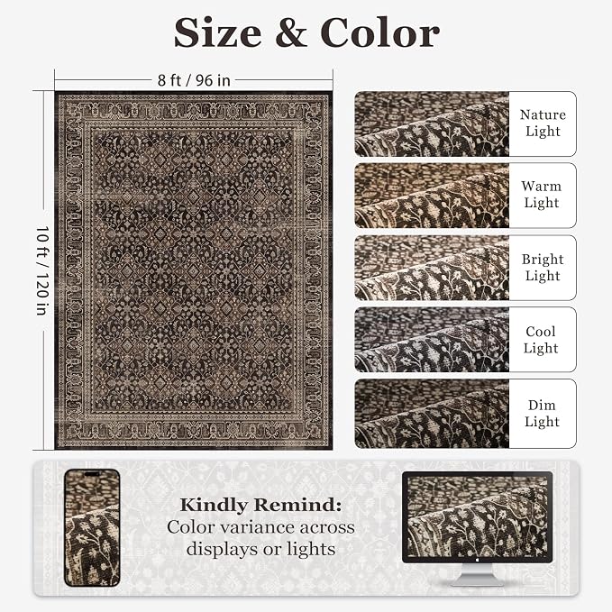 Dark Wood 8x10 Area Rug for Living Room, Vintage Farmhouse Bedroom Rug with Moroccan Floral Trellis Pattern, Non Slip Washable Low Pile Thin Carpet Rug for Dining Room/Home Office, Brown Black