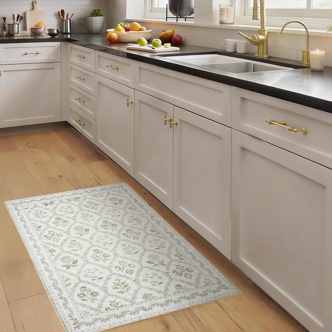 Small Green Rugs 2x3 Sage Green Kitchen for Entryway, Soft Washable Floral Printed Small Area Rug, Non-Slip Kitchen Mat, Low-Pile Indoor Bathroom Farmhouse Carpet for Entrance Cottage Boho