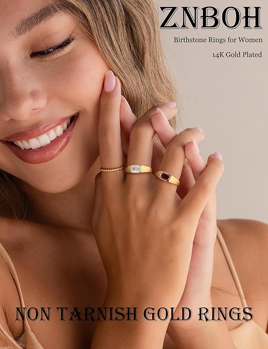 Birthstone Gold Rings for Women Non Tarnish 14K Gold Plated Chunky Emerald Rings Thumb Signet Statement Dainty CZ Band Ring Unique Waterproof Cute Jewelry Gift for Birthday Size 6-10