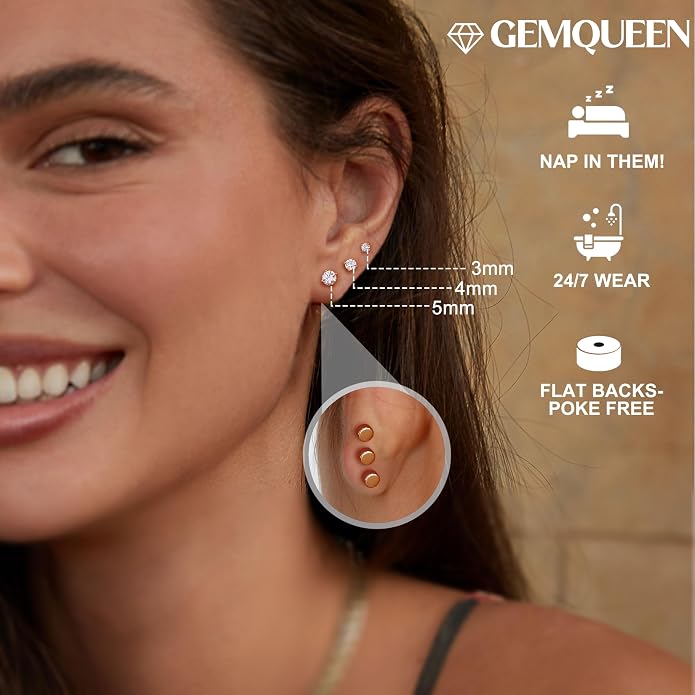GEMQUEEN 3/4 Pairs Moissanite Earrings Studs 14K Gold Plated S925 Sterling Silver Flat Back Earring for Women Men - Hypoallergenic Set Cartilage Helix Piercing Jewelry Trendy D Color VVS1