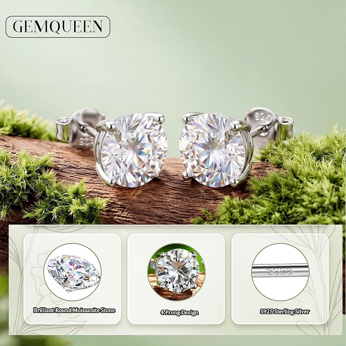 Moissanite Stud Earrings : 18K White Gold Plated Solid 925 Sterling Silver Earring Hypoallergenic Dainty Flat Back Stud Earrings Jewelry for Women Men D Color VVS1 Clarity