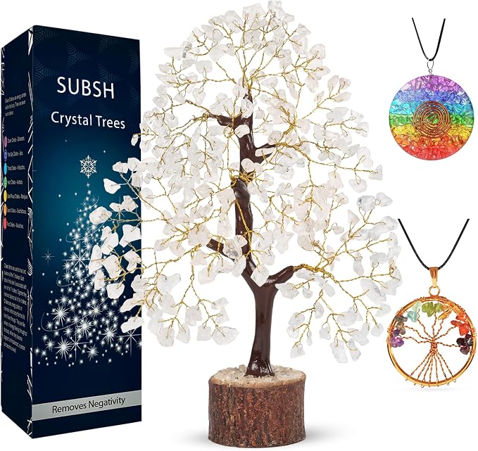 Clear Quartz Gemstone Tree with Chakra Pendants, Crystal Tree, Home Decor, Birthday Gifts for Women, Bonsai Trees for Positive Energy, Crystals & Healing Stones, Office Desk Accessories 10-12"