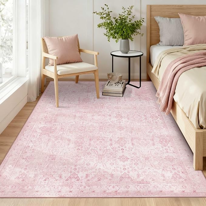 Rugxara Pink 4x6 Area Rug Washable Rug for Bedroom Nursery Girls Room | Non Slip, Throw Rug for Living Room Kids Room Entryway Dining, Stain Resistant, Soft, Low Pile, Vintage Boho Floral Carpet