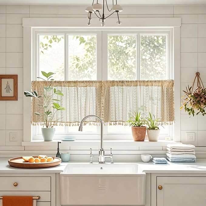 Sutuo Home Beige Boho Short Curtains for Kitchen Window Curtains Over Sink,Sheer Lace Crochet Bohemian Valance Privacy Vintage Chic Tassels Rustic Small Window Decor Rod Pocket,2 Panels 50" W x 18" L