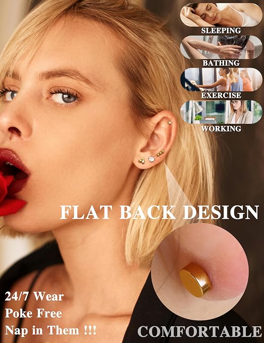 LOLIAS Small Hypoallergenic Flat Back Stud Earrings for Women Men 14K Gold Plated Surgical Stainless Steel Earring Sets Tiny Screw Back Cartilage Earrings for Sensitive Ears