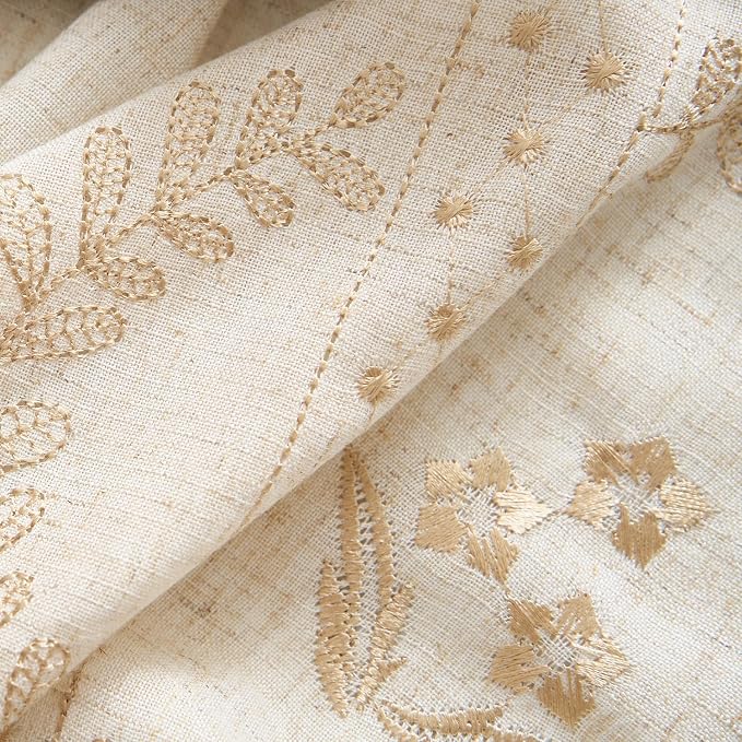 jinchan Floral Linen Curtains 84 Inch Farmhouse Back Tab 4 Panels Beige | Embroidered curtains,boho curtains,living room,bedroom,light filtering,privacy,flower patterned drapes,window treatment