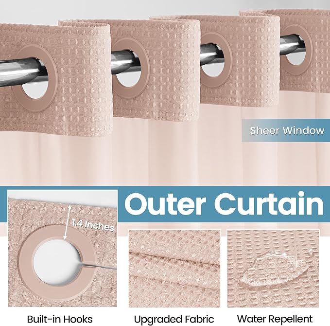 EUTXL Heavyweight Blush Pink No Hook Shower Curtain with Snap in Liner,256GSM Waffle Weave Shower Curtains for Bathroom,71W x 74H