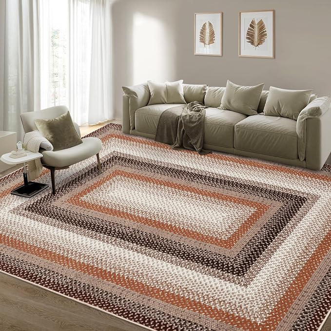 RUGSREAL Machine Washable Area Rug 6x9 Braided Rug for Living Room Modern Braid Printed Large Bedroom Rug Non Slip Dining Room Throw Rug Farmhouse Accent Carpet for Home Decor, Brown/Rust
