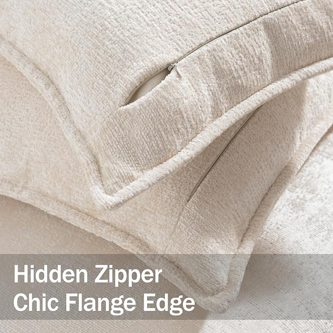 DEZENE Pack of 2 Beige Decorative Throw Pillow Covers 20x20 Cozy Soft Chenille Boho Accent Vintage Farmhouse Square Couch Pillow Covers for Home Decor Bed Sofa Living Room