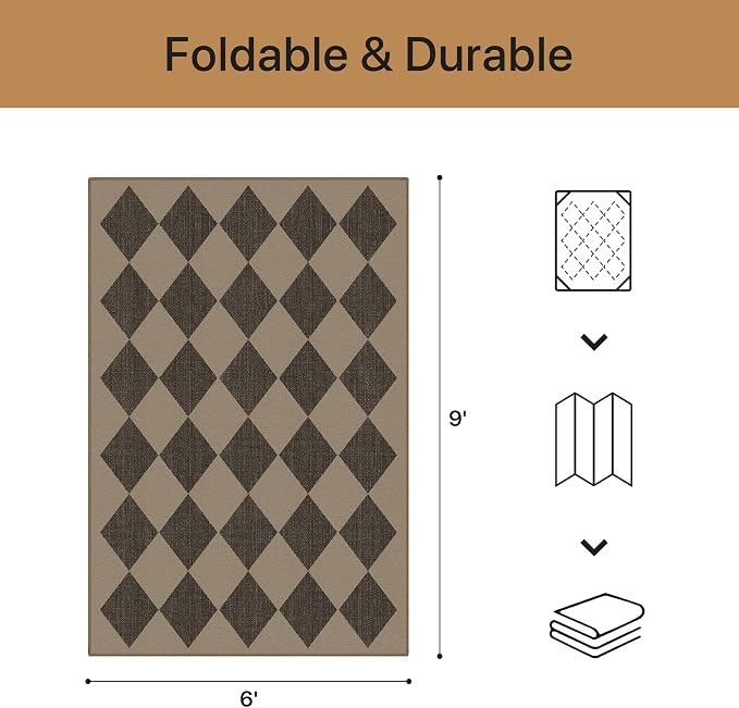 GENIMO Indoor Outdoor Area Rug 6'x9', Checkered Easy Jute Rug Machine Washable, Easy-Cleaning, Non Slip Geometric Diamond Outdoor Carpet for Patio, Living Room, Backyard, Porch, Deck, Balcony