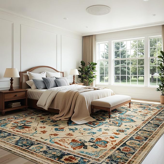 Joydeco 8x10 Area Rugs for Living Room, Non Slip Machine Washable Vintage Rug, Low Pile Chenille Print Rugs for Bedroom, Dining Room, Home Office, Pet & Child Friendly, Beige & Blue & Reddish-Brown