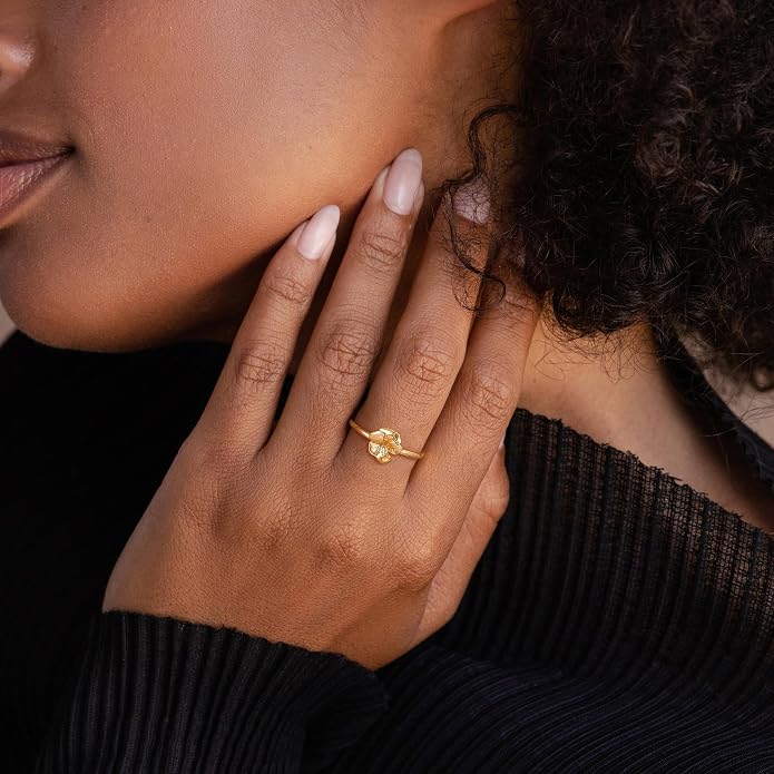 Birth Flower Ring for Women 14K Gold Plated Floral Minimalist Stackable Finger Jewelry Birthday Gifts