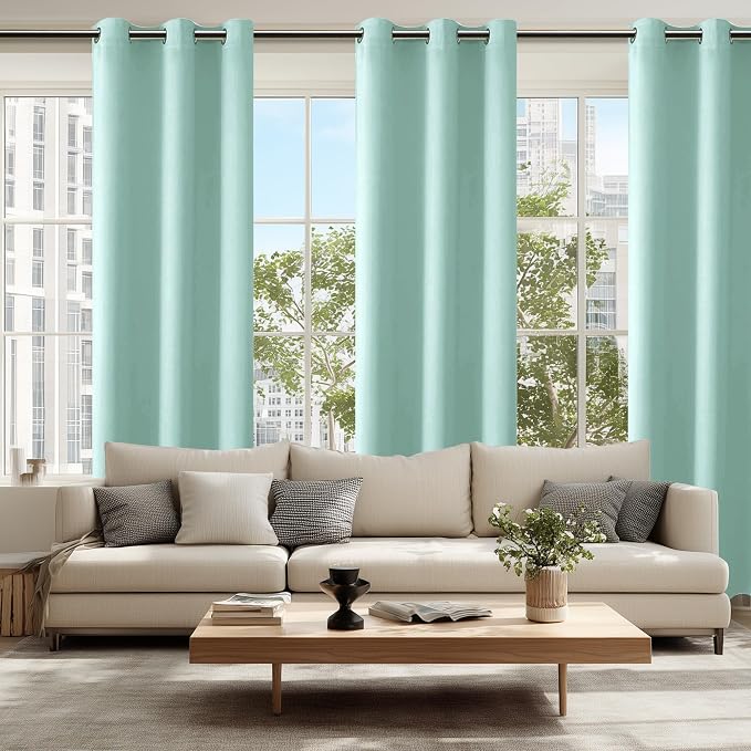 Hiasan Blackout Curtains for Bedroom, 38 x 84 Inches Long - Thermal Insulated & Energy Saving Window Curtains for Living Room, 2 Drape Panels Sewn with Tiebacks, Aqua