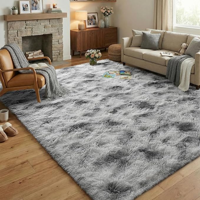 Fluffy 5x7 Area Rugs for Bedroom: Tie-dye White Grey Soft Shag Rug for Living Room, Large Fuzzy Plush Indoor Floor Carpet Non Slip Modern Rug for Nursery Boys Girls Kids Room Playroom Dorms Home Decor