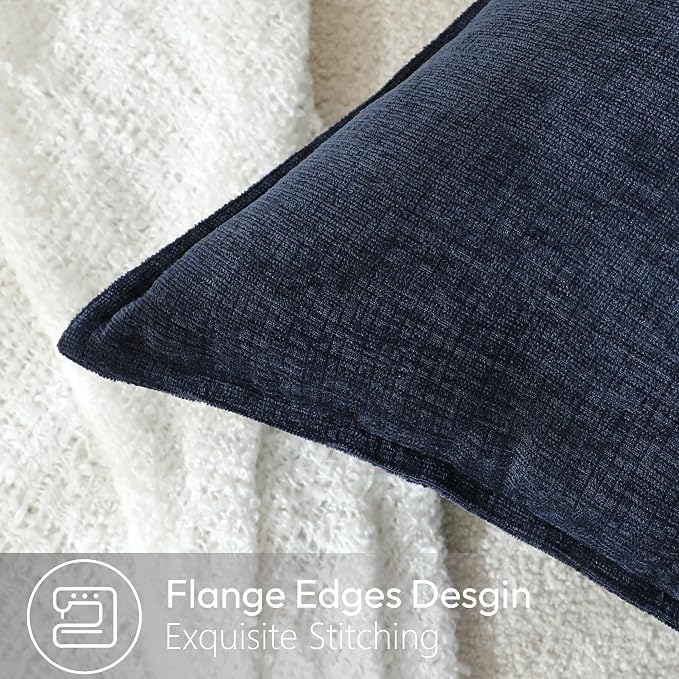 Stellhome Soft Decorative Chenille Pillow Covers 18x18 Inch Natural Navy Blue Boho Farmhouse Neutral Couch Throw Pillows for Bed Sofa Livingroom Pack of 2 Accent Modern Pillowcase Home Decor