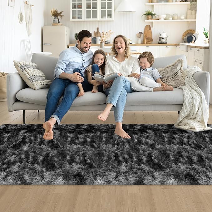 3x10ft Plush High Pile Black Tie-Dyed Rug Fluffy Soft Runner Bedside Rug for Bedroom Living Room Hallway Nursery Kids Home Decor Shag Carpet