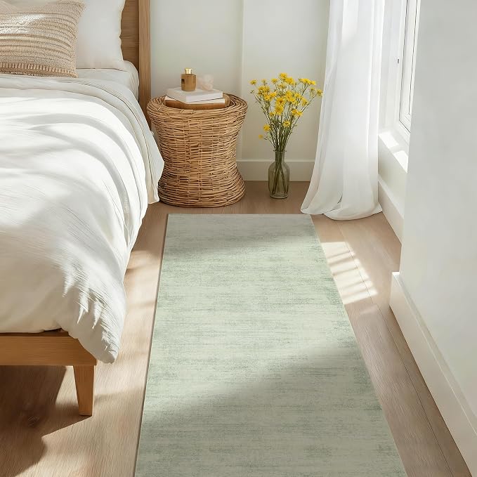 BILEEHOME Washable Runner Rug 2x6 Soft Modern Abstract Green Kitchen Rugs | Light Sage Ombre, Neutral Boho, Low Pile Floor Covering Carpet, with Foldable Non Slip, for Bedside Bathroom Laundry Room