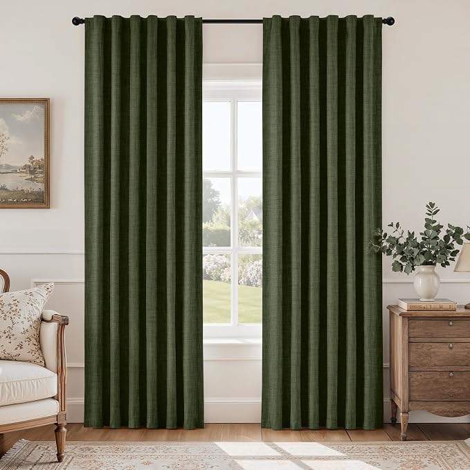 HOMEIDEAS 100% Blackout Faux Linen Olive Green Curtains，Modern Farmhouse Luxury Winter Curtains 63 Inches Long 2 Panels, Rod Pocket & Back Tab for Boho Vintage Living Room,Bedroom Decor