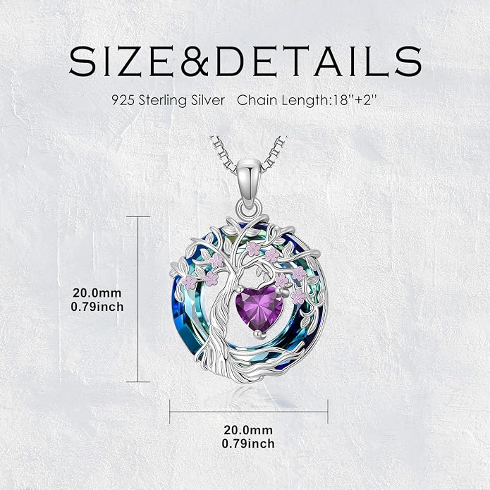 Tree of Life Birthstone Necklace 925 Sterling Silver Crystal Tree of Life Pendant Birthstone Jewelry Birthday Christmas Gifts for Women Mom Her Wife
