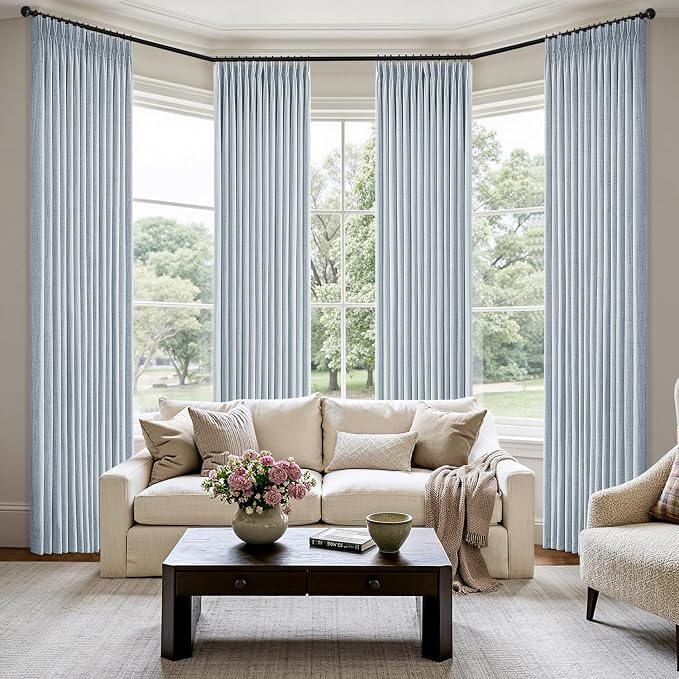 MIULEE Pinch Pleated Thick Linen Curtains 90 Inch 4 Panels Set Back Tab Memory Trained Pinch Pleat Semi Sheer Light Filtering Privacy Let Light in Window Drapes for Living Room Bedroom Chambray Blue