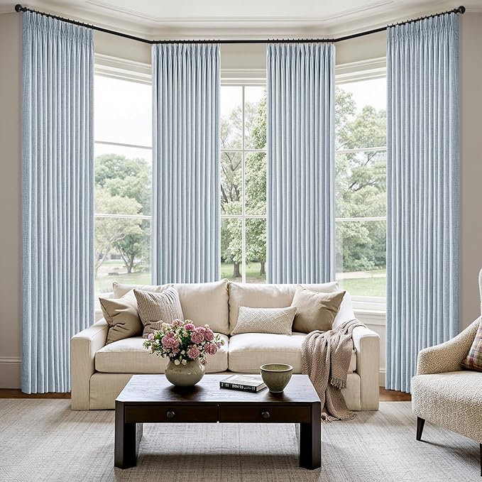 MIULEE Pinch Pleated Thick Linen Curtains 84 Inch 4 Panels Set Back Tab Memory Trained Pinch Pleat Semi Sheer Light Filtering Privacy Let Light in Window Drapes for Living Room Bedroom Chambray Blue