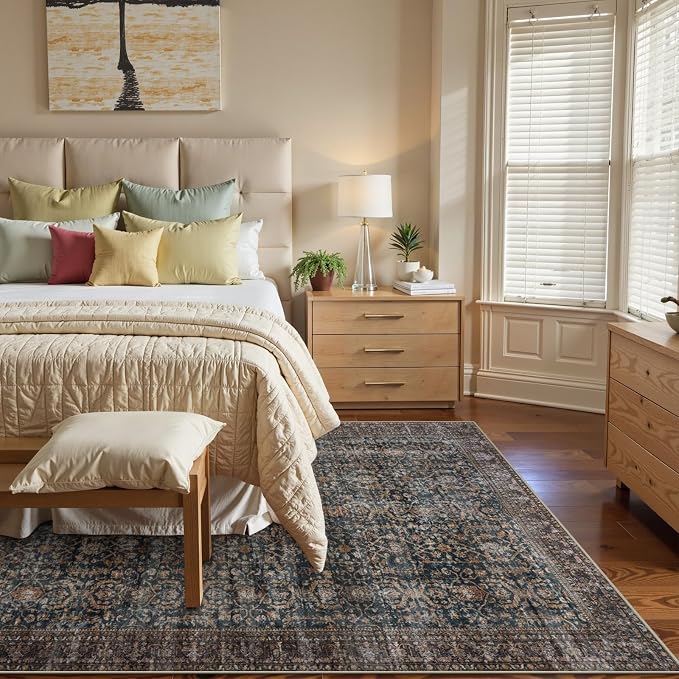 Collive Washable Area Rug 8x10, Antique Distressed Rugs for Living Room, Vintage 8x10 Non Slip Farmhouse Modern Bedroom Carpet Stain Resistant Print Accent Floor Mat for Dining Office - Brick