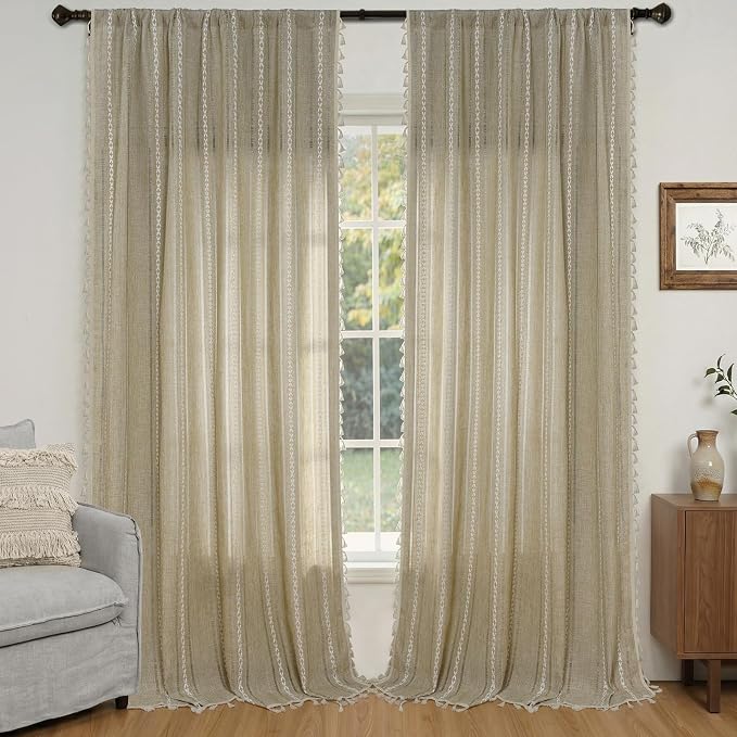 ColorBird Boho Floor to Ceiling Linen-Textured Brown Tan Curtains for Living Bedroom Sliding Doors 96 Inches Farmhouse Light Filtering Embroidered Striped Drapes Dining Room Closet Window Treatment