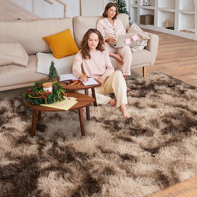 Dssimo Brown Rug for Bedroom Living Room, 9x12 Soft Shaggy Area Rugs | Large Plush Furry Non-Slip Brown and Cream Rug for Nursery Kids Room Dorm Room Home Decor, Indoor Plush Floor Carpet