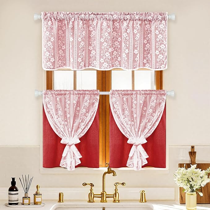 ASPMIZ Linen Kitchen Curtains Double Layers Window Curtain with Linen Lace, Farmhouse Cafe Curtain 36 Inch Length Rod Pocket, Light Filtering Bathroom Tier Curtains with 2 Tiebacks, Red